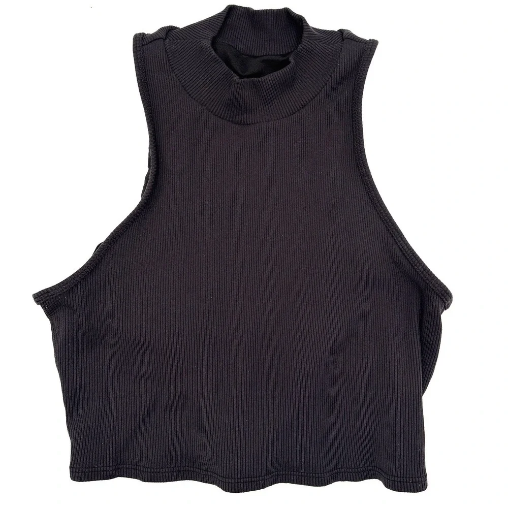 Alo Yoga Goddess Rib Cropped Dynamite Bra Black Mock Neck Tank Womens Small